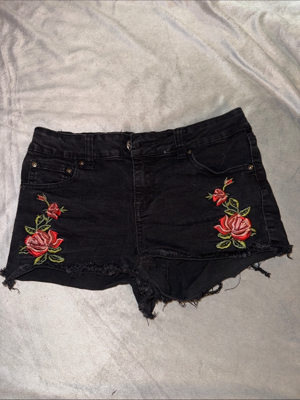 Black Denim Women's Shorts with Red Rose Embroidery - Casual Frayed Hem